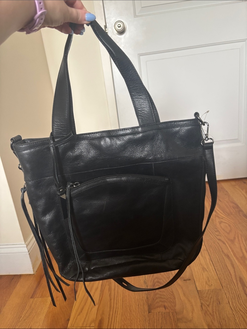 Joe's Jeans Black Leather Tote with Front Zip Pocket